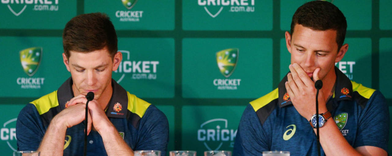 Australian Test Captain Tim Paine (L) and Co Vice-Captain Josh Hazlewood present the player review during a Cricket Australia press conference, Melbourne Cricket Ground on October 29, 2018 in Melbourne, Australia.