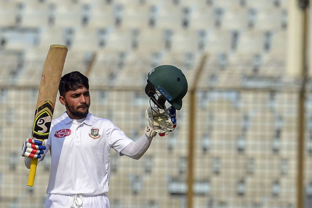 Mominul Haque raises his bat after bringing up his hundred, Bangladesh v West Indies, 1st Test, Chattogram, 1st day