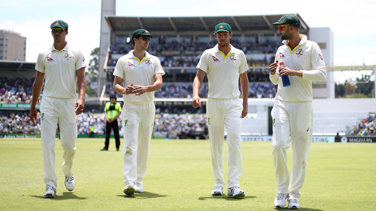 (From left) Mitchell Starc, Pat Cummins, Josh Hazlewood and Nathan Lyon walk off the field, Australia v England, third Test, day two, Perth, December 15, 2017