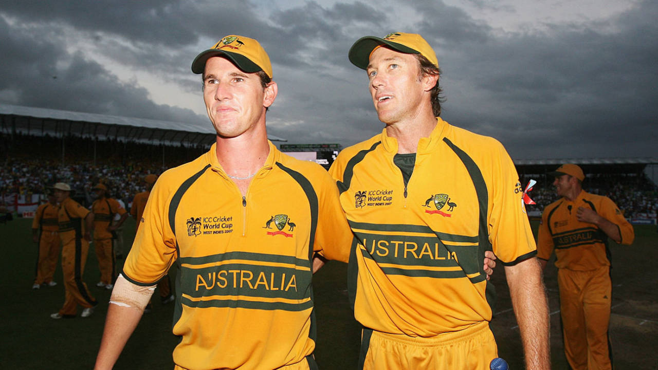 Shaun Tait and Glenn McGrath after the win, Australia v Sri Lanka, World Cup final, Barbados, April 28, 2007