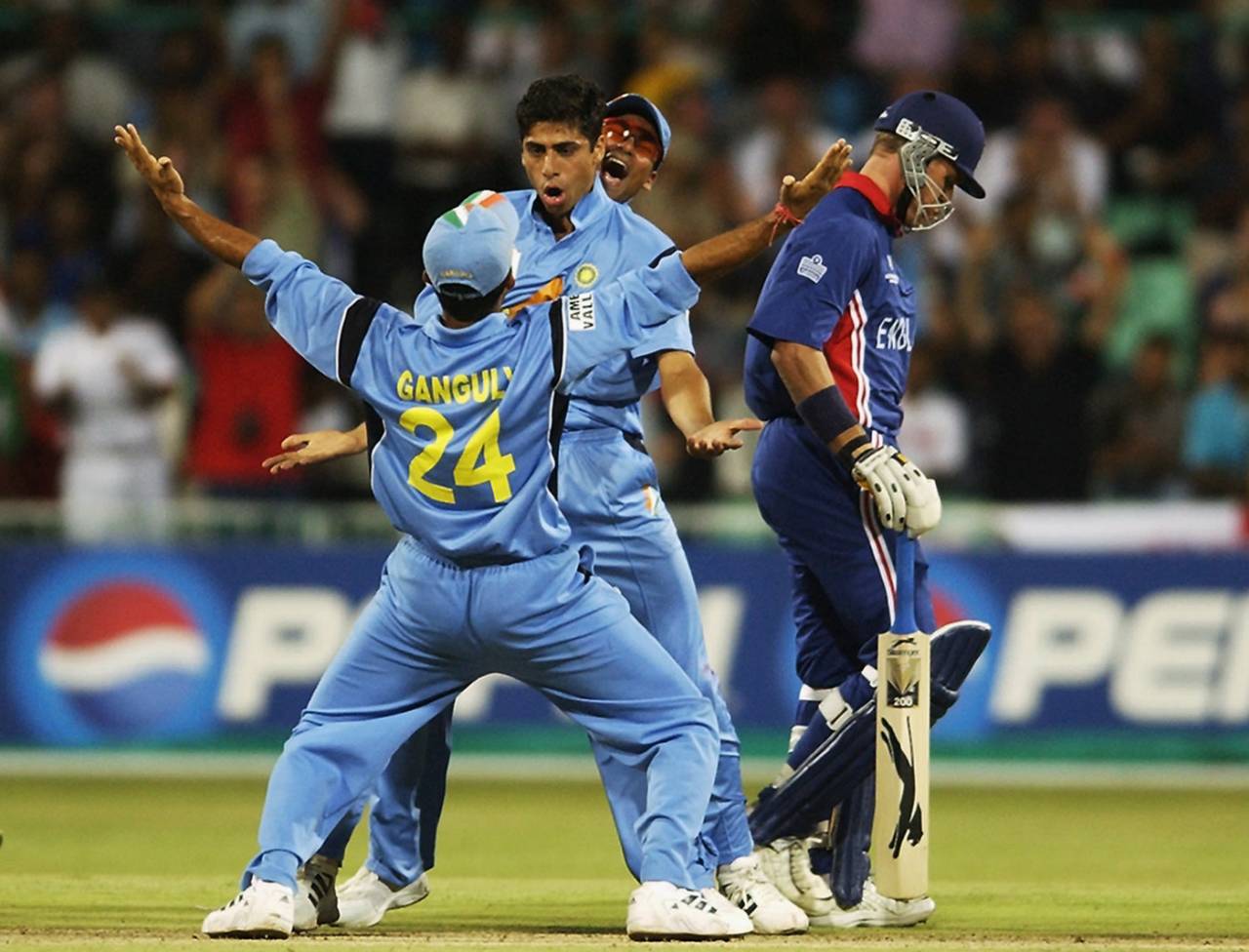 Ashish Nehra celebrates with Sourav Ganguly after taking the wicket of Alec Stewart, World Cup, England v India, Durban, February 26, 2003