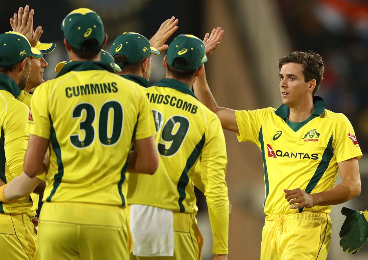 Jhye Richardson exchanges high-fives with his team-mates, India v Australia, 3rd ODI, Ranchi, March 8, 2019