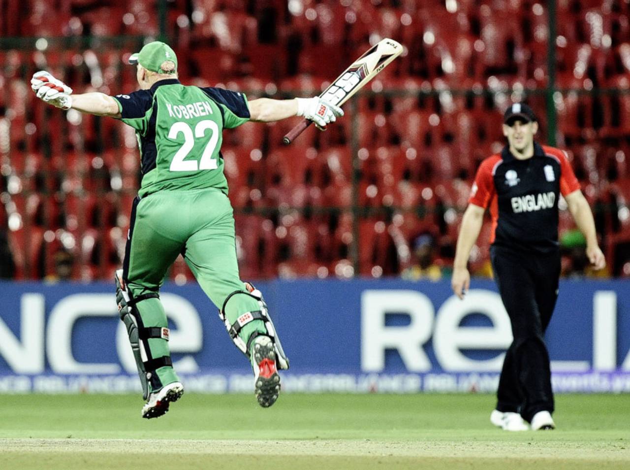Kevin O'Brien roars with triumph after bringing up his 50-ball century, England v Ireland, World Cup 2011, Bangalore, March 2, 2011