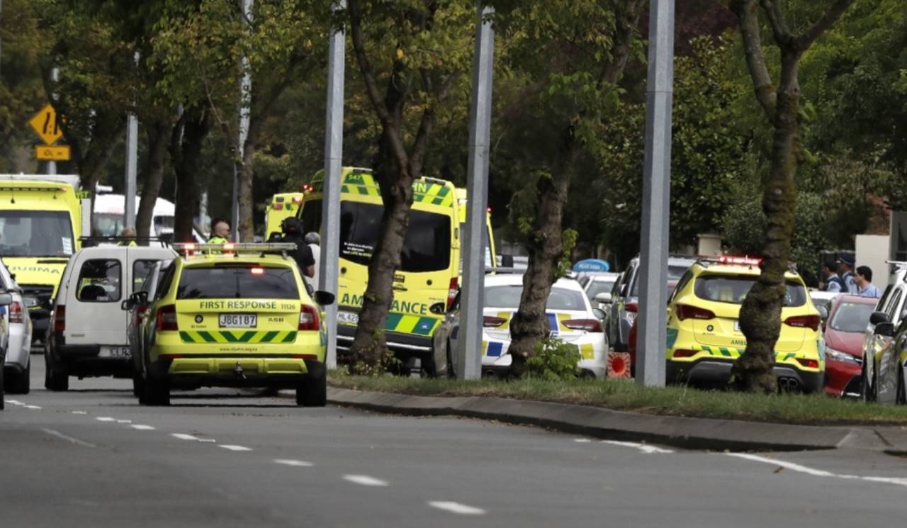 Ambulances parked outside the mosque which was attacked, Christchurch, March 15, 2019
