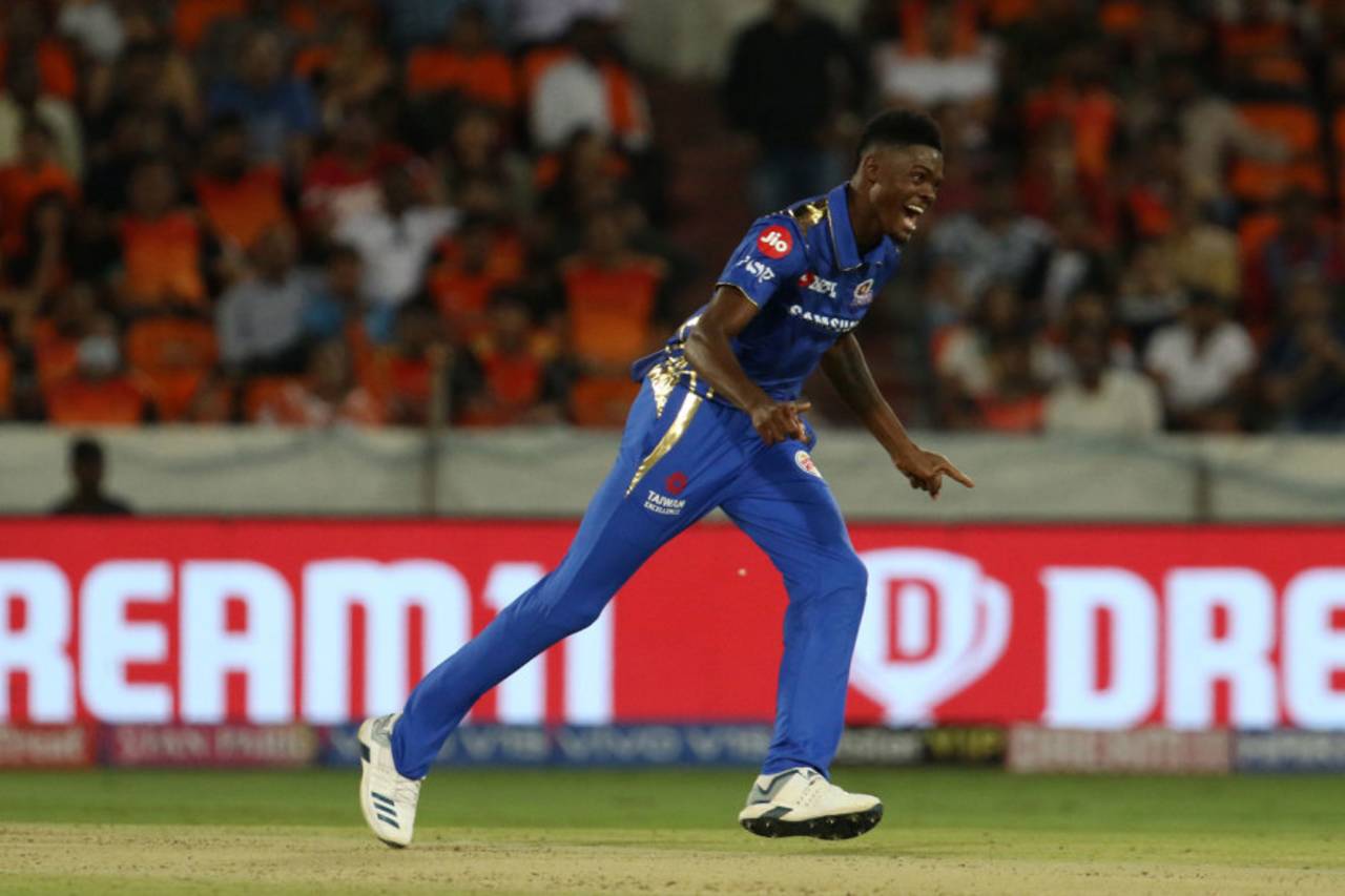 Alzarri Joseph wheels away in celebration after completing a five-for, Sunrisers Hyderabad v Mumbai Indians, IPL 2019, Hyderabad, April 6, 2019