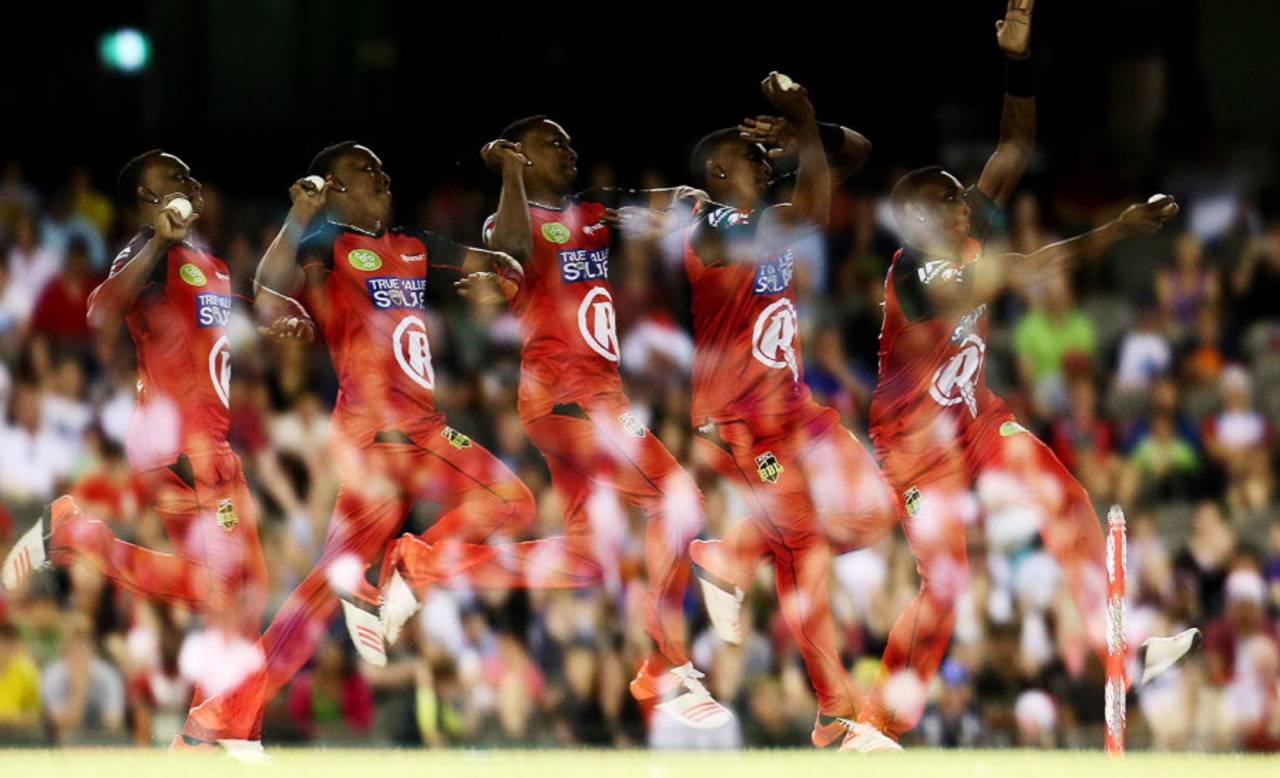A multiple exposure photo of Dwayne Bravo running in to bowl for the Melbourne Renegades, Melbourne Renegades v Sydney Sixers, Big Bash League 2015-16, Melbourne, December 23, 2015