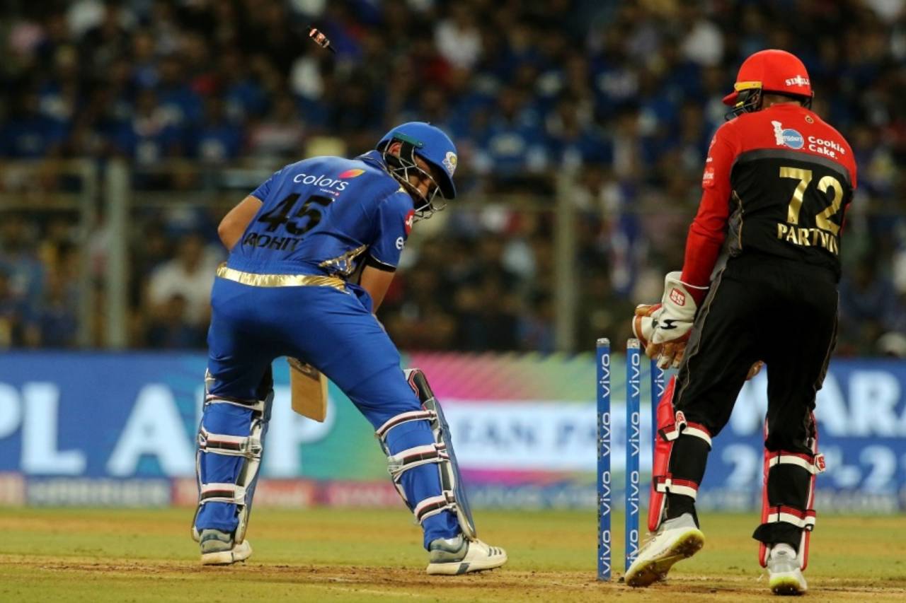 Rohit Sharma looks back after being cleaned up by one that turned sharply into him, Mumbai Indians v Royal Challengers Bangalore, IPL 2019, Mumbai, April 15, 2019