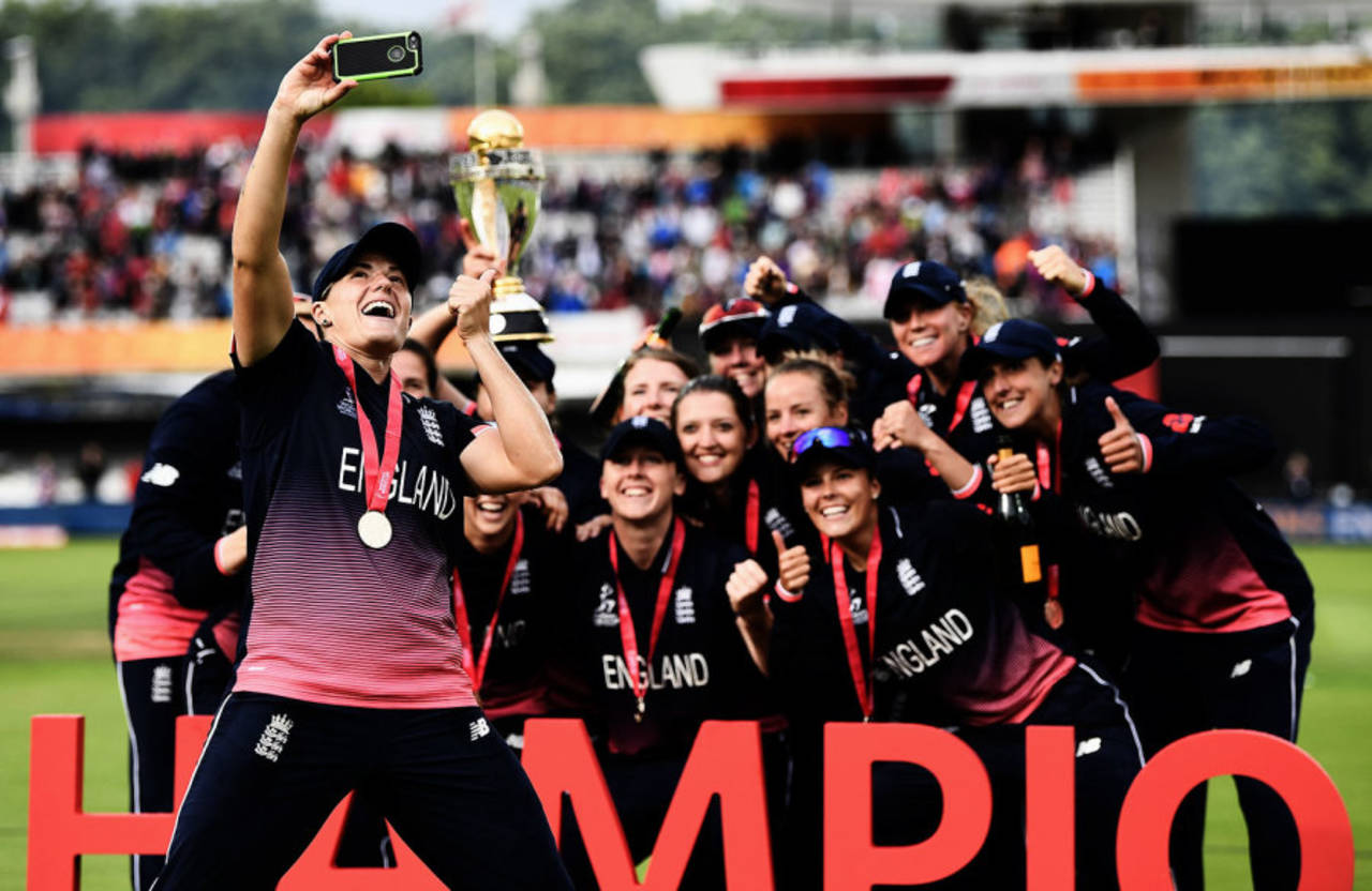 The English team poses for a selfie with their trophy, England v India, Women's World Cup final, Lord's, July 23, 2017