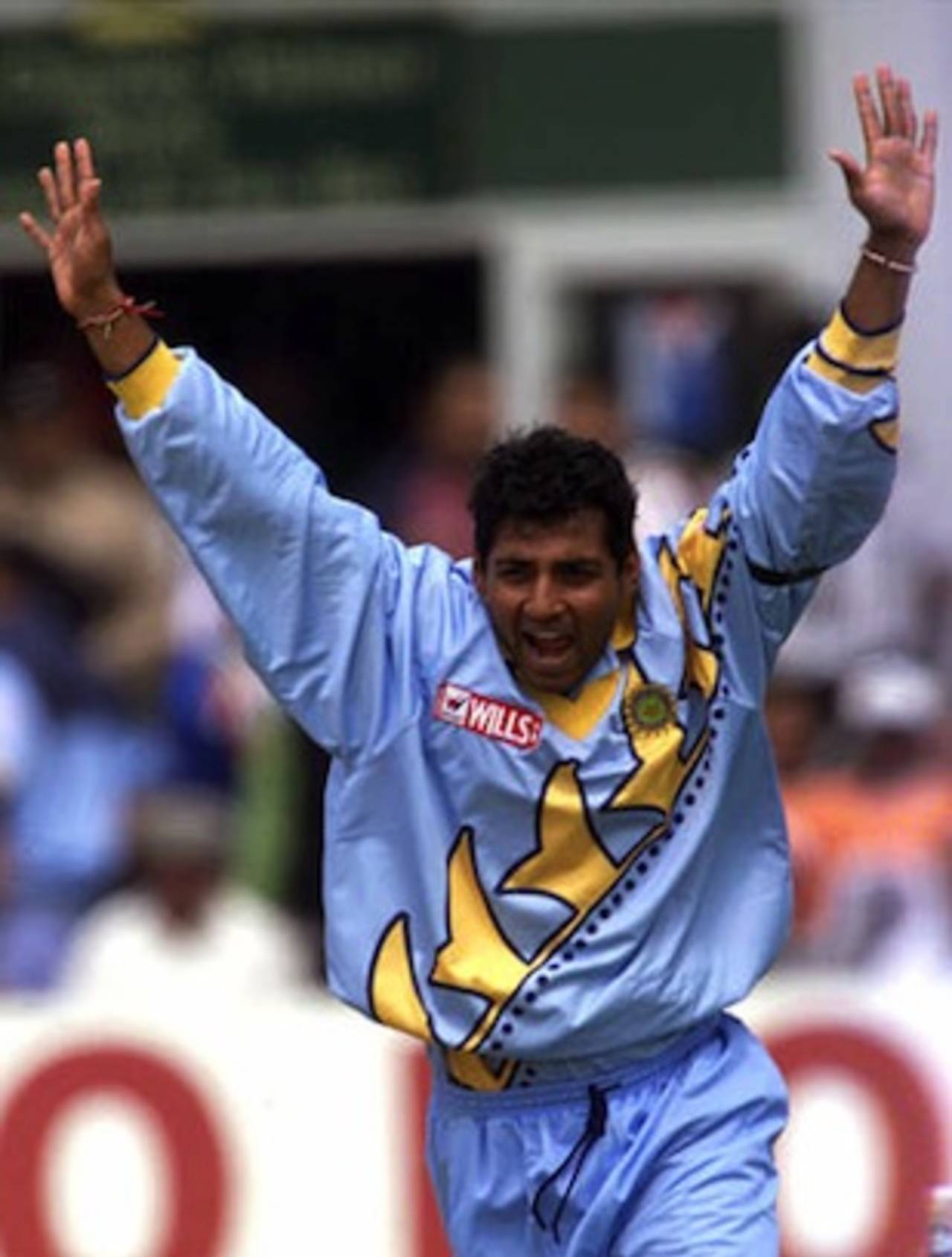Ajay Jadeja celebrates bowling out Zimbabwe's Grant Flower during their World Cup clash at Leicester
