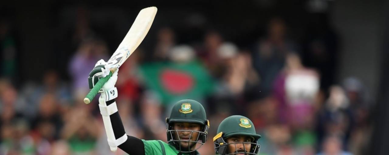 Shakib Al Hasan celebrates his century with Liton Das, Bangladesh v West Indies, World Cup 2019, Taunton, June 17, 2019