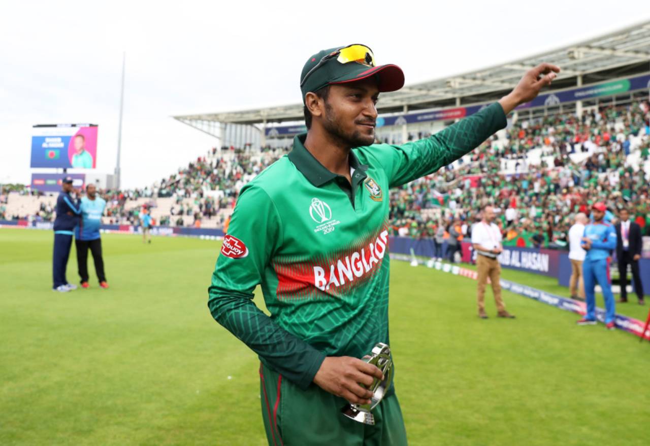 Shakib Al Hasan is the only player to make two centuries and take a five-for in the same World Cup, in 2019&nbsp;&nbsp;&bull;&nbsp;&nbsp;IDI via Getty Images