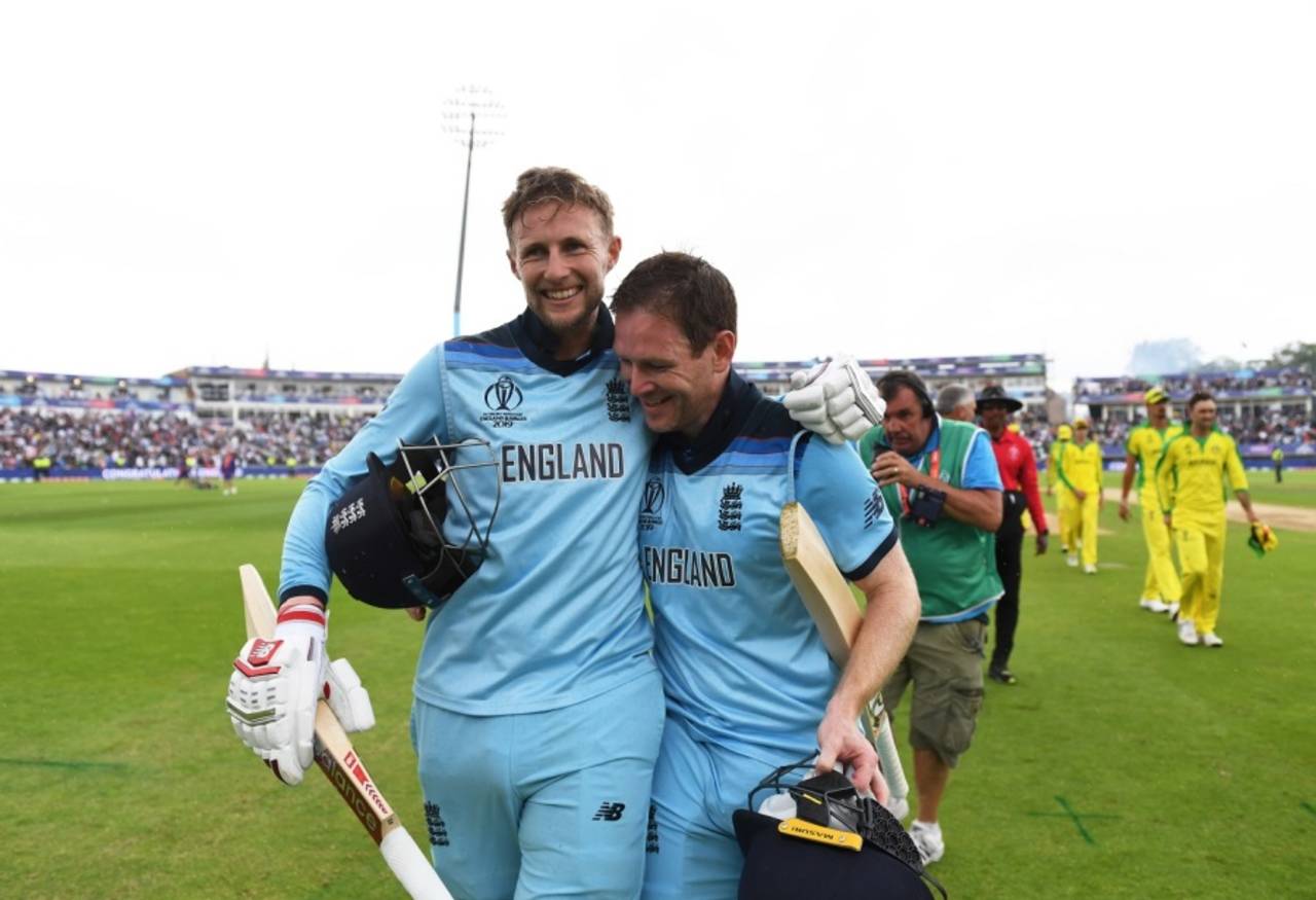 Joe Root and Eoin Morgan are all smiles after a dominant victory, England v Australia, World Cup 2019, Edgbaston, July 11, 2019
