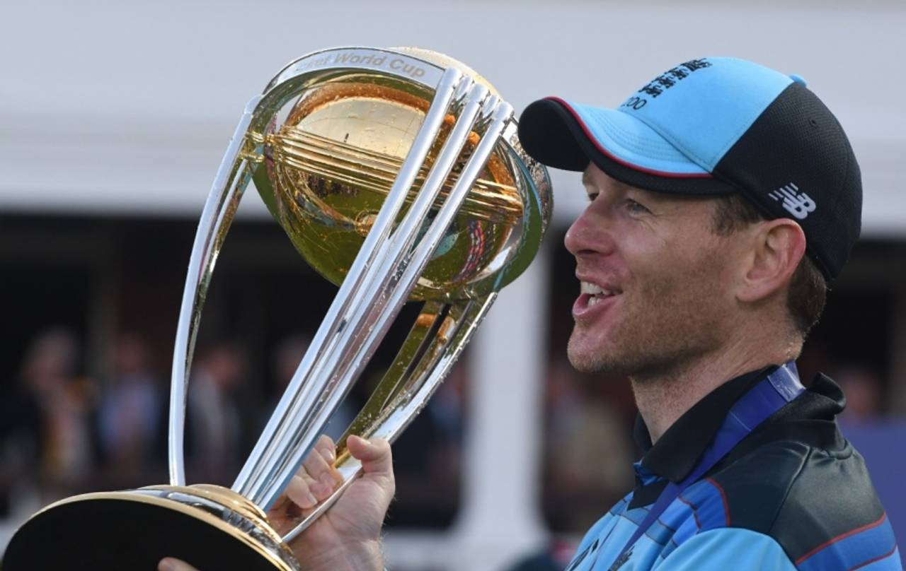 Eoin Morgan poses with the World Cup trophy, England v New Zealand, World Cup 2019, Lord's, July 14, 2019