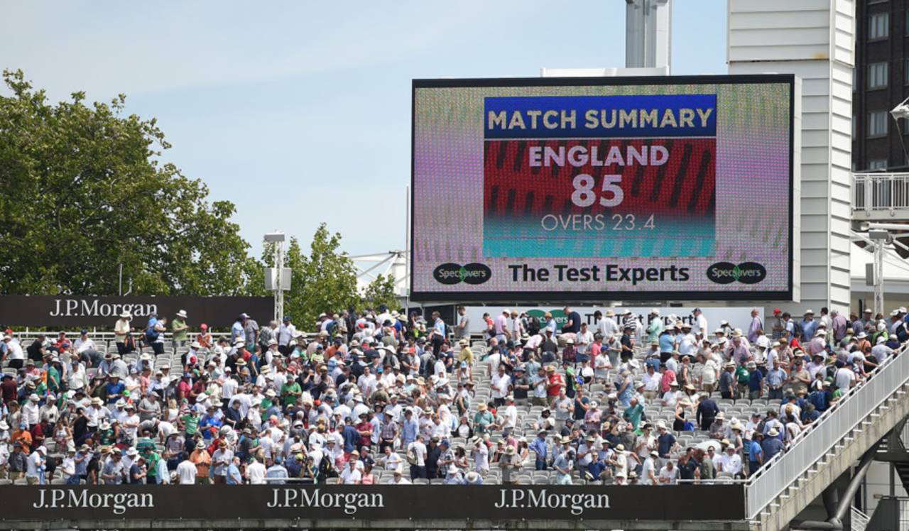 The big screen confirms England's misery, England v Ireland, Only Test, Day 1, July 24, 2019