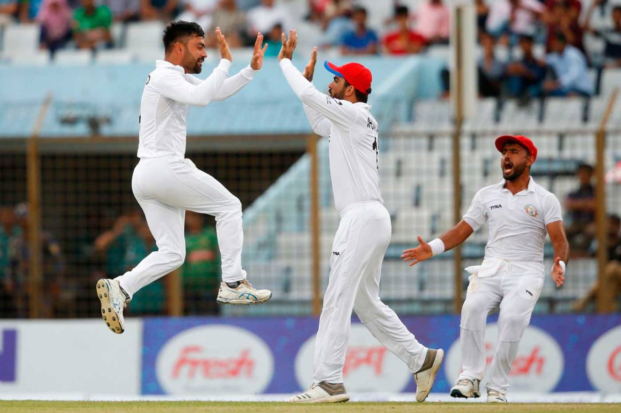 Rashid Khan leaps off the ground to celebrate a wicket, Bangladesh v Afghanistan, Only Test, Chattogram, 4th day, September 8, 2019