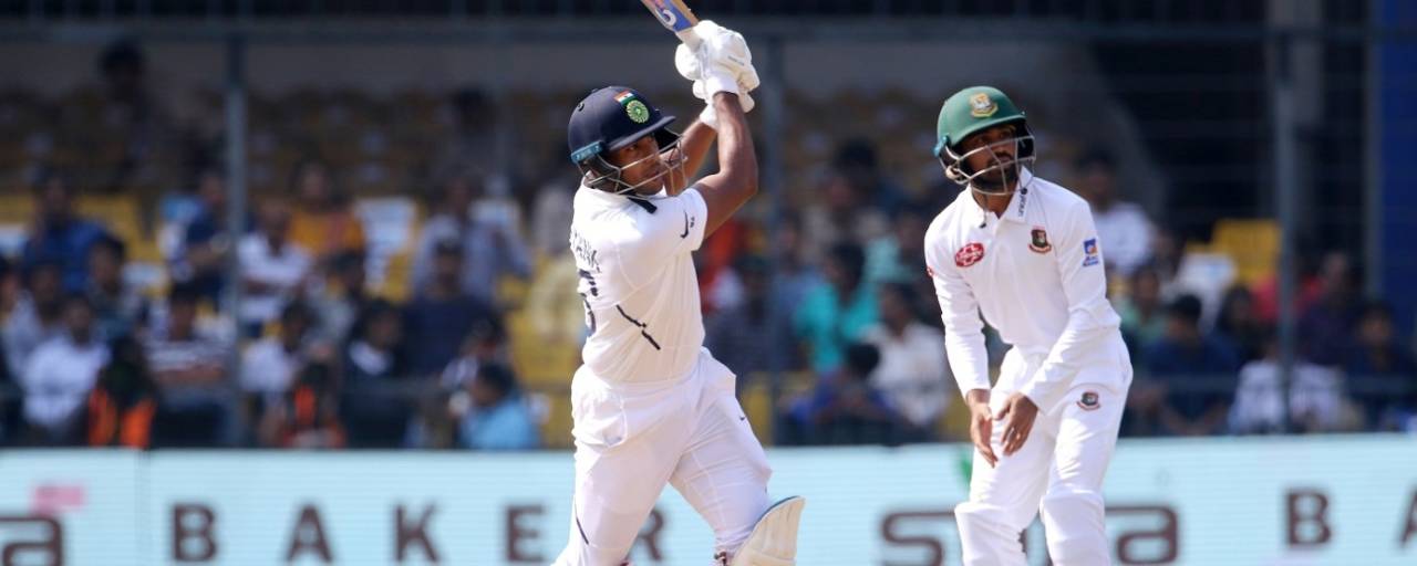 Mayank Agarwal lifts the ball for a six, India v Bangladesh, 1st Test, Indore, 2nd day, November 15, 2019