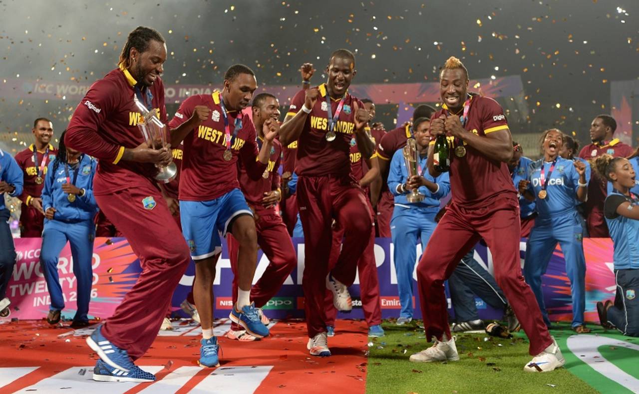 Chris Gayle, Dwayne Bravo, Darren Sammy and Andre Russell shake a leg, England v West Indies, World T20, final, Kolkata, April 3, 2016 