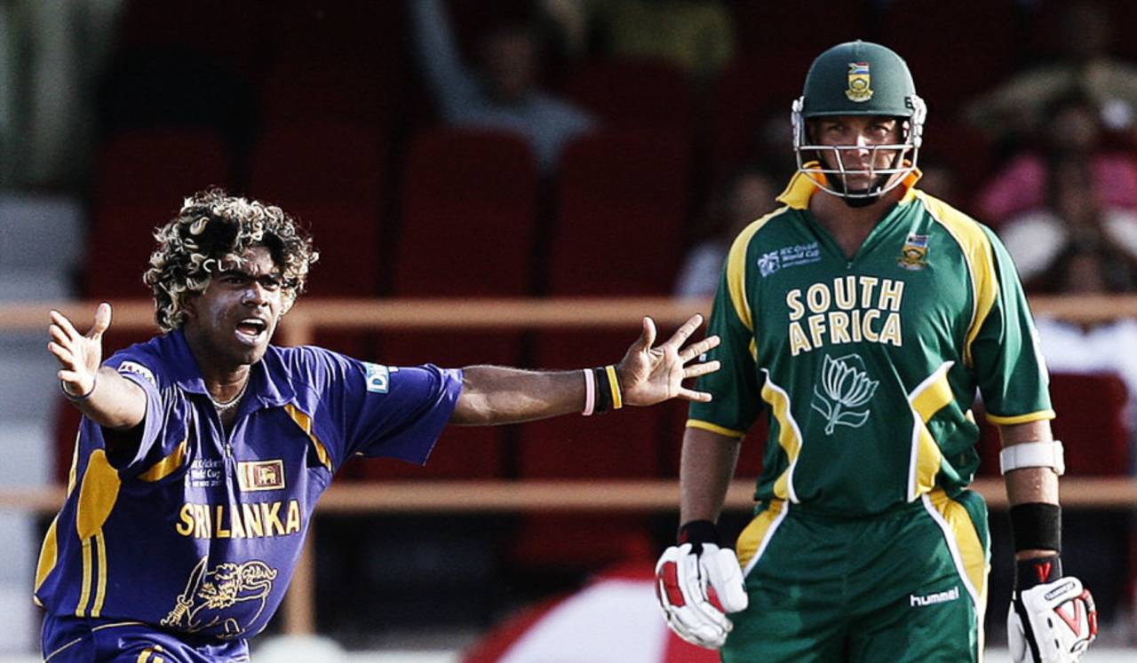 Jacques Kallis is Lasith Malinga's third victim in his four off four balls spell, South Africa v Sri Lanka, Super Eights, Guyana, March 28, 2007