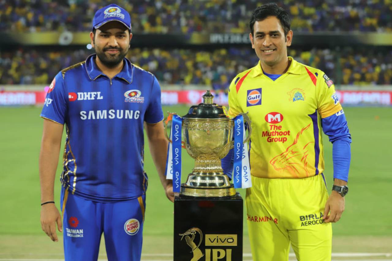 Rohit Sharma and MS Dhoni pose with the IPL Trophy before the toss, Chennai Super Kings v Mumbai Indians, IPL Final 2019, May 12, 2019