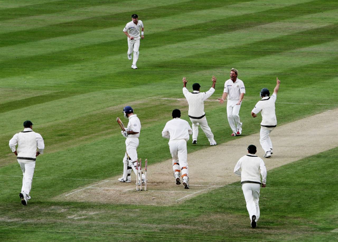 Australia celebrate Andrew Strauss' dismissal by Shane Warne, England v Australia, 2nd Test, Edgbaston, 2nd day, August 5, 2005