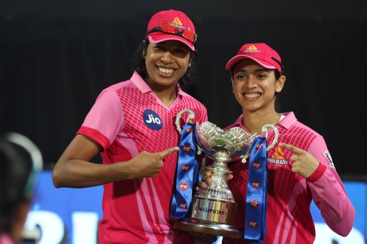Trailblazers' Jhulan Goswami and Smriti Mandhana pose with the 2020 Women's T20 Challenge trophy&nbsp;&nbsp;&bull;&nbsp;&nbsp;BCCI