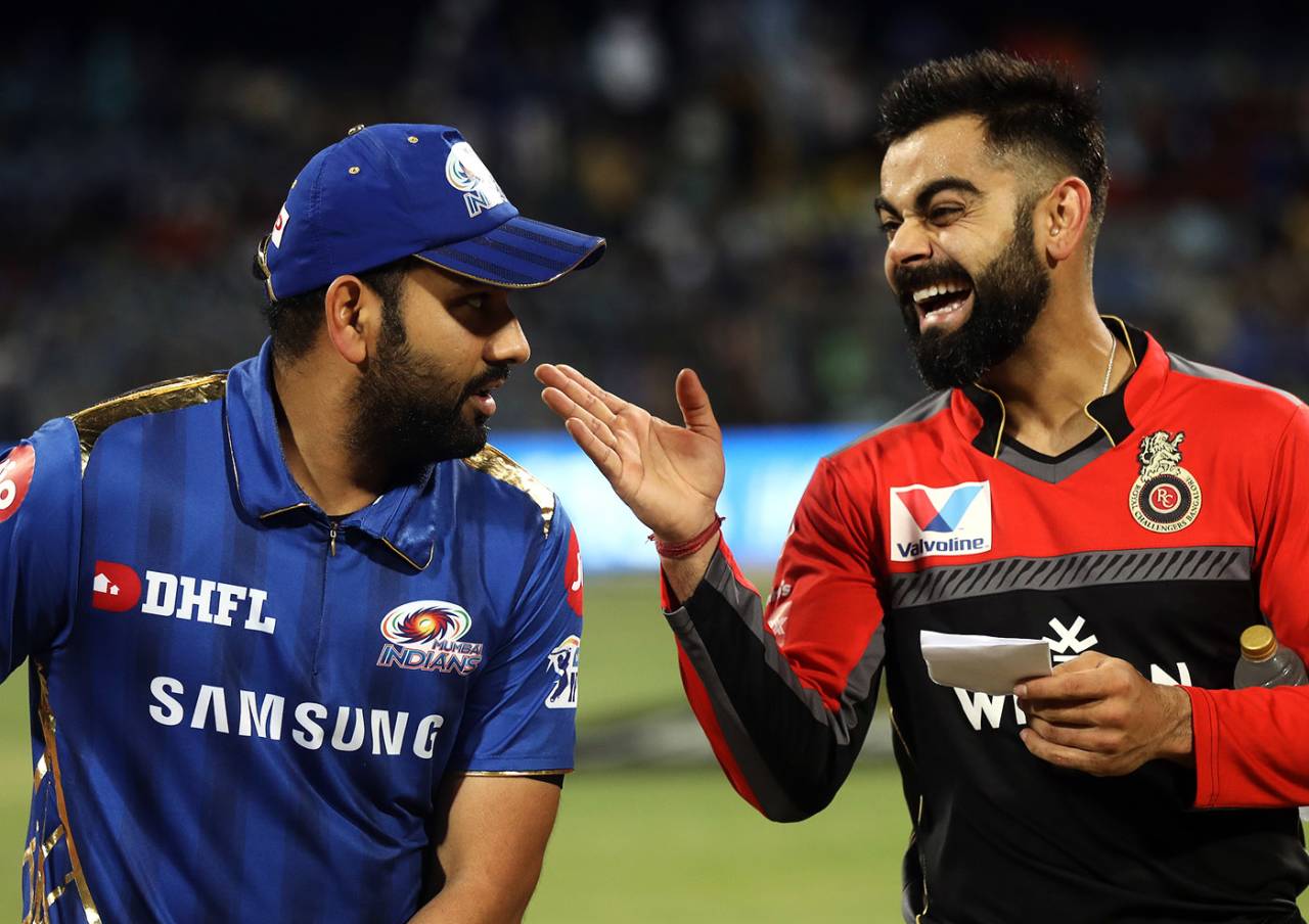 Rohit Sharma and Virat Kohli share a laugh, Mumbai Indians v Royal Challengers Bangalore, IPL 2019, Mumbai, April 15, 2019