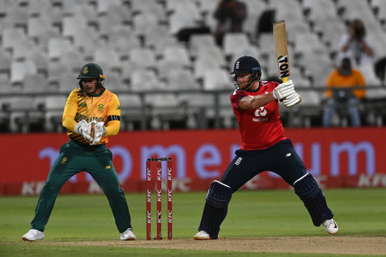 Jonny Bairstow plays off the back foot, South Africa v England, 1st T20I, Cape Town, November 27, 2020