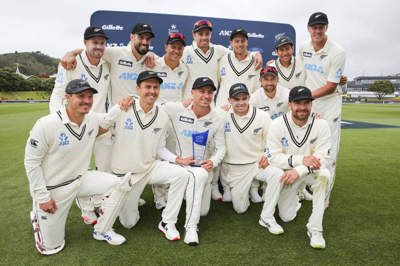 New Zealand are all smiles after wrapping up a 2-0 win and moving to the top of the ICC rankings, New Zealand vs West Indies, 2nd Test, Wellington, 4th day, December 14, 2020