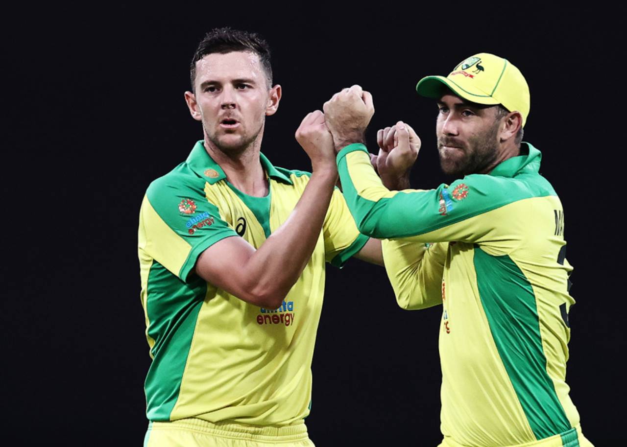 Josh Hazlewood and Glenn Maxwell celebrate a wicket, Australia v India, 2nd ODI, Sydney, November 29, 2020
