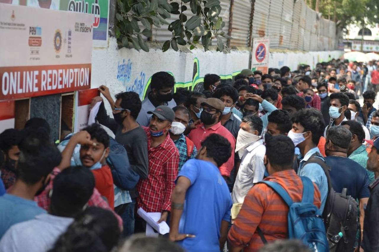 Fans queue up to collect their tickets for the second India-England Test, Chennai, February 11, 2021