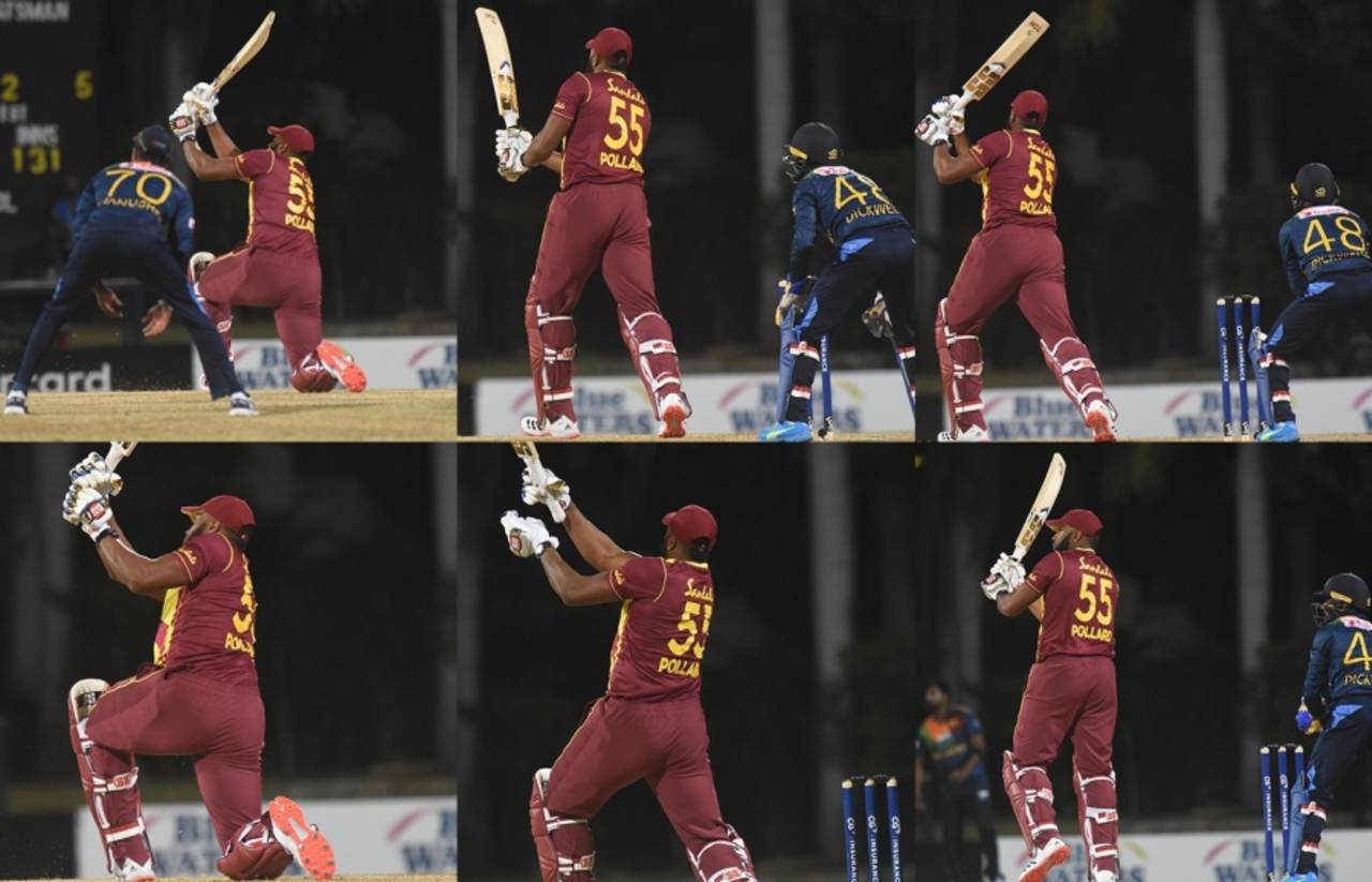 A composite of Kieron Pollard's six sixes off Akila Dananjaya's over, West Indies vs Sri Lanka, 1st T20I, Coolidge, March 3, 2021