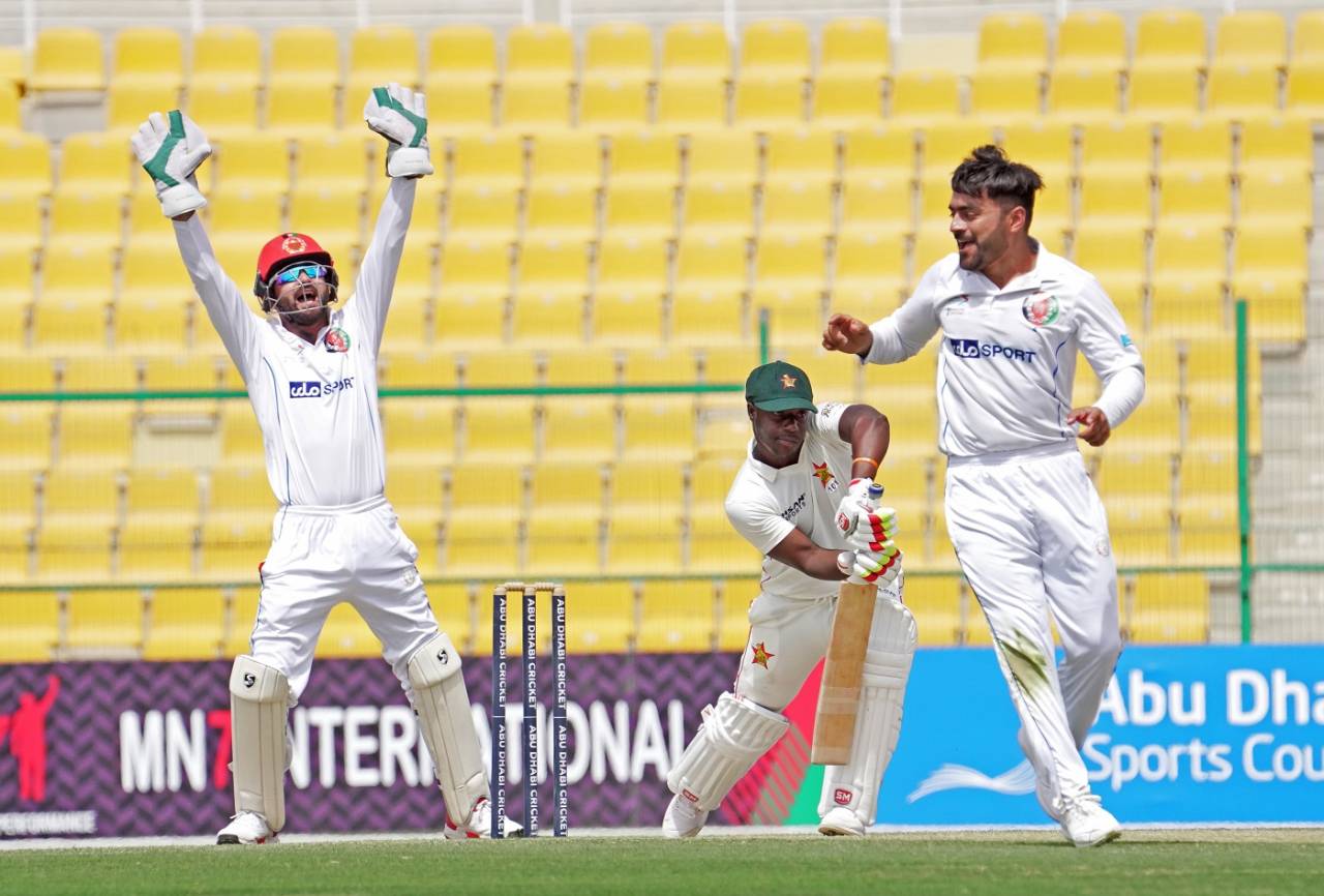 Rashid Khan traps Tarisai Musakanda in front, Afghanistan vs Zimbabwe, 2nd Test, Abu Dhabi, 3rd day, March 12, 2021