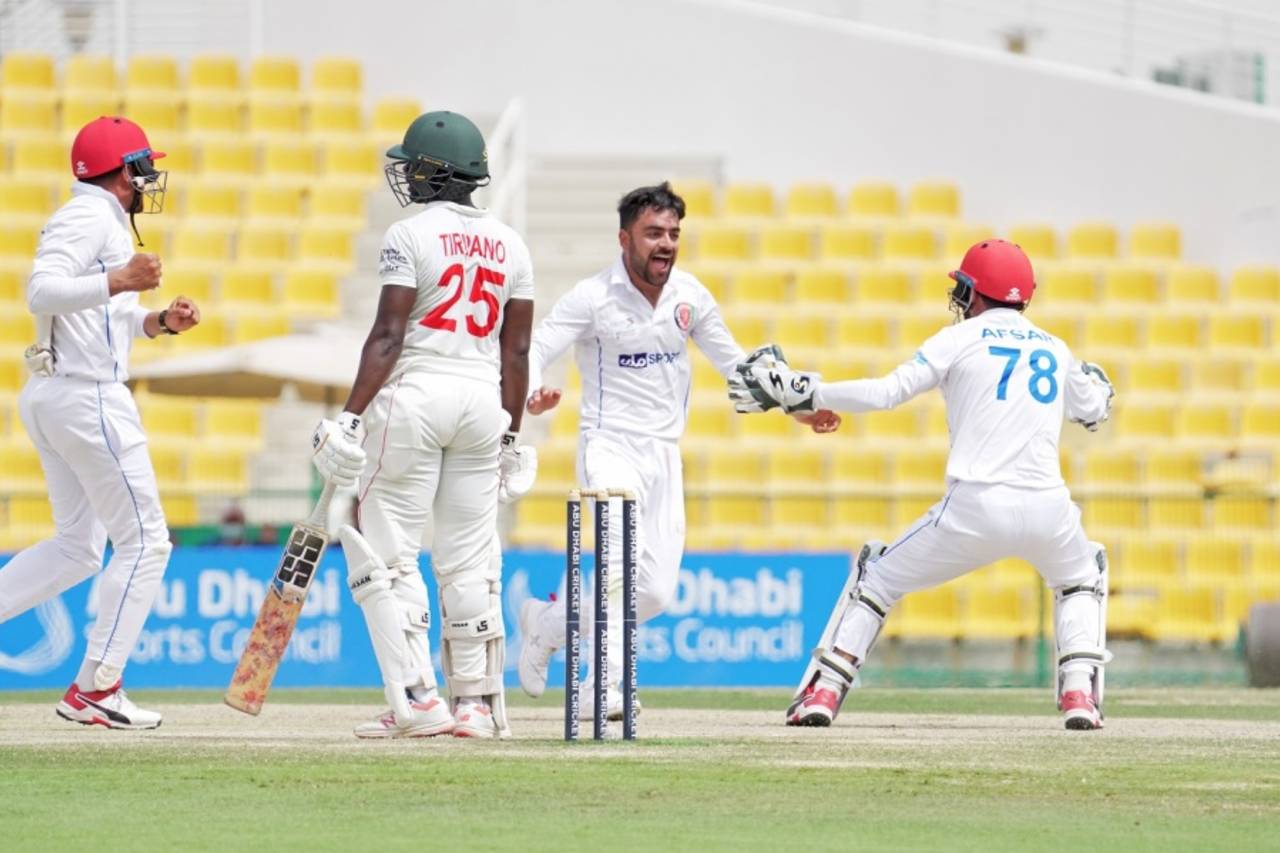 Rashid Khan celebrates after dismissing Donald Tiripano, Afghanistan vs Zimbabwe, 2nd Test, Day 5, Abu Dhabi