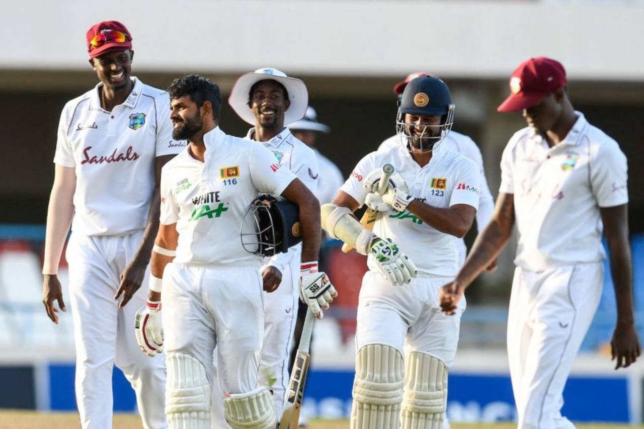 Jason Holder, Lahiru Thirimanne, and Dinesh Chandimal joke together as they leave the field, West Indies vs Sri Lanka, 2nd Test, North Sound, 4th day, April 2, 2021