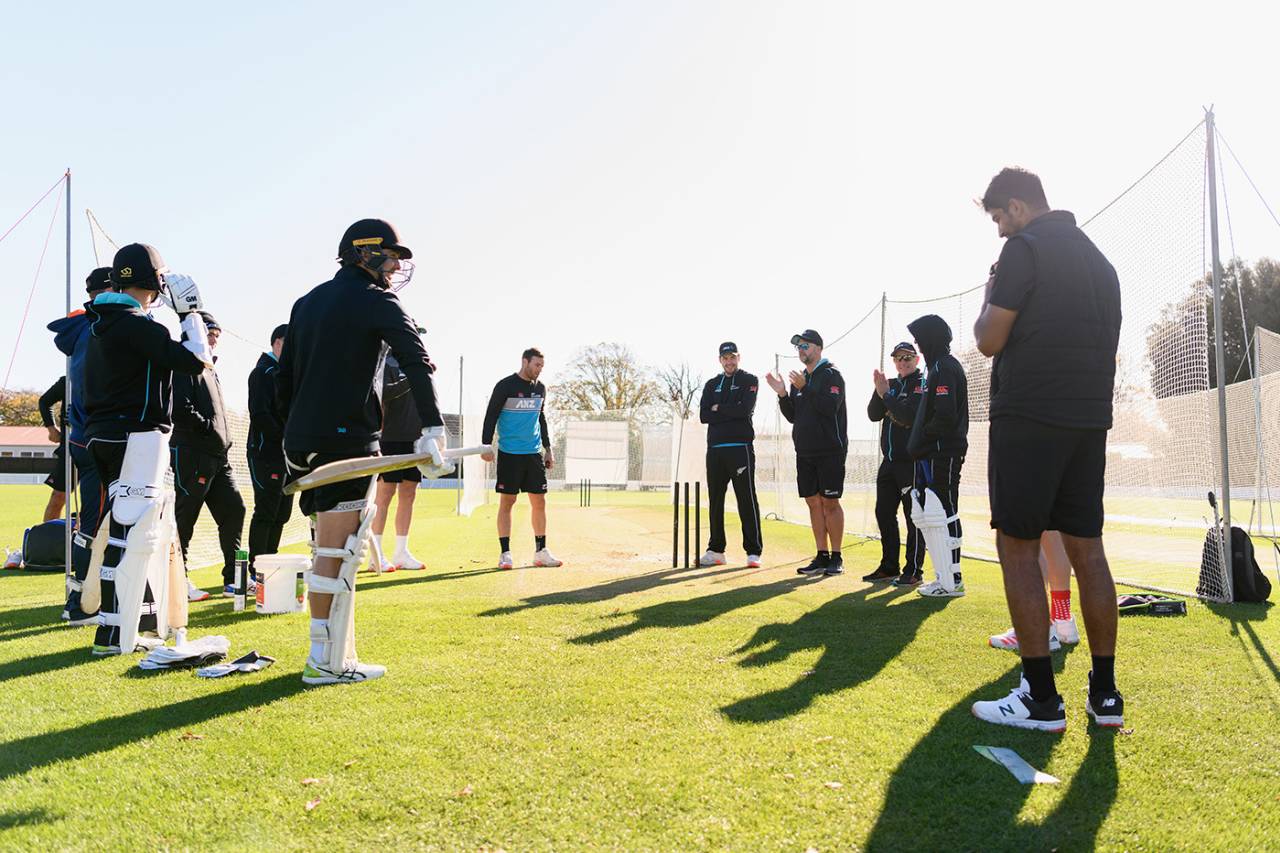 Shane Jurgensen leads a chat at New Zealand's training camp, Lincoln, May 13, 2021