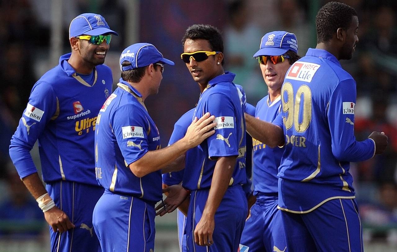 Ankeet Chavan celebrates a wicket with his team-mates, New Delhi, April 29, 2012