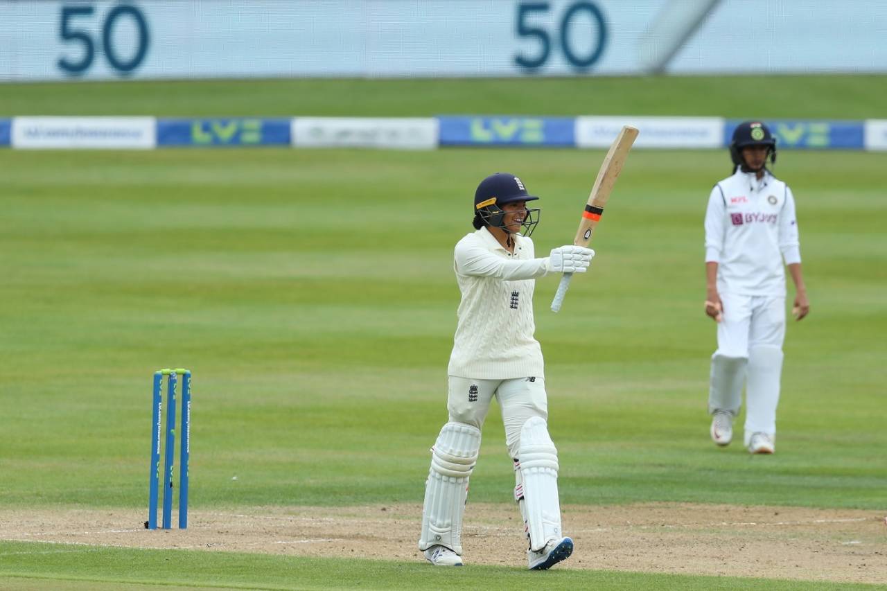 Sophia Dunkley celebrates her maiden Test half-century, England v India, only Women's Test, Day 2, Bristol, June 17, 2021