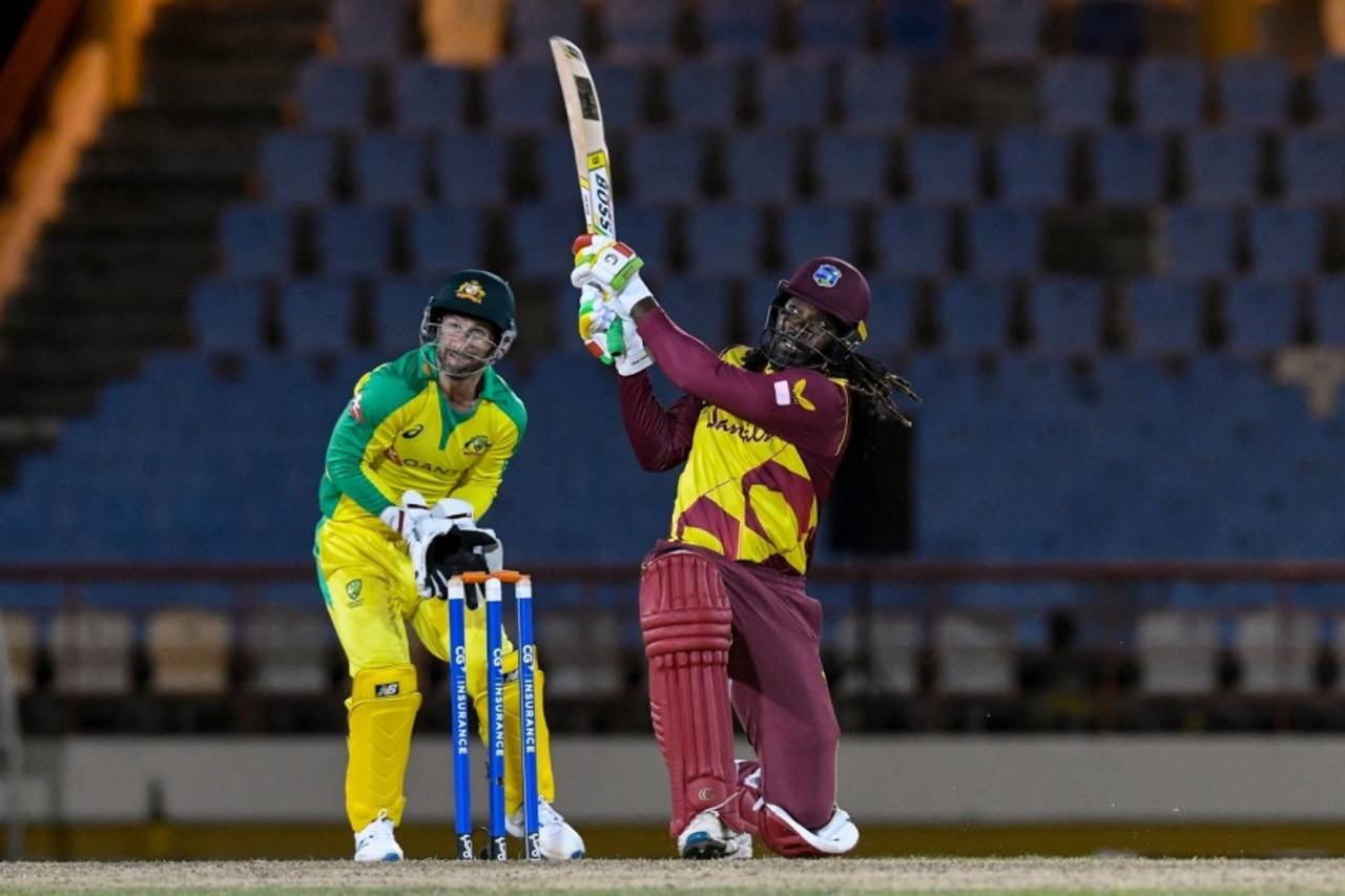 Chris Gayle picked up his tenth Player-of-the-Match award in T20Is at age 41, for his 38-ball 67 against Australia&nbsp;&nbsp;&bull;&nbsp;&nbsp;AFP/Getty Images