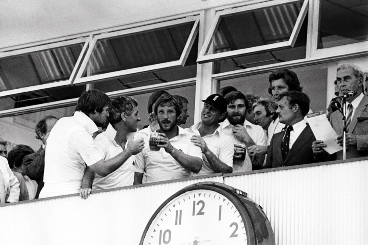 Ian Botham holds a pint of beer while celebrating the Ashes victory at Edgbaston, England v Australia, 4th Test, Edgbaston, 4th day, August 2, 1981
