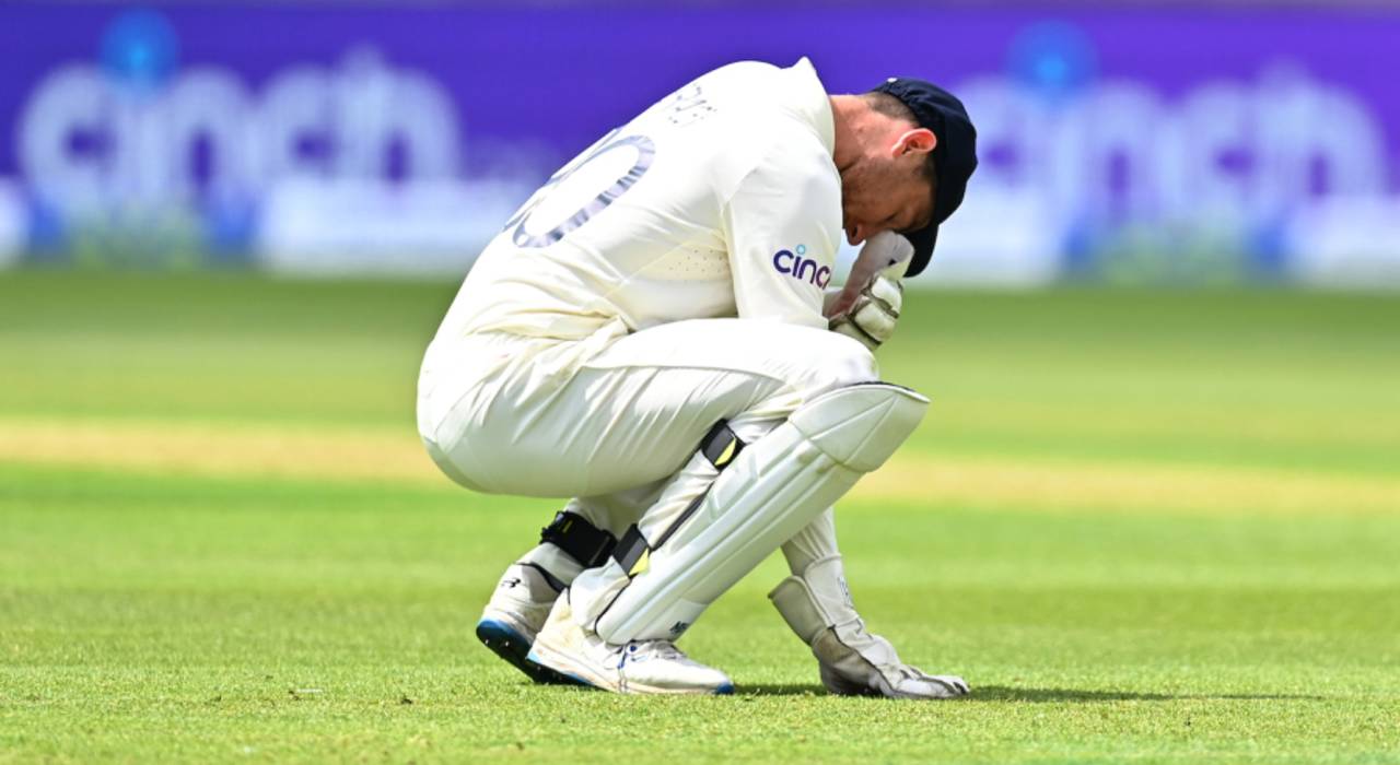 James Bracey reacts after a dropped catch, England vs New Zealand, 2nd Test, Edgbaston, 3rd day, June 12, 2021
