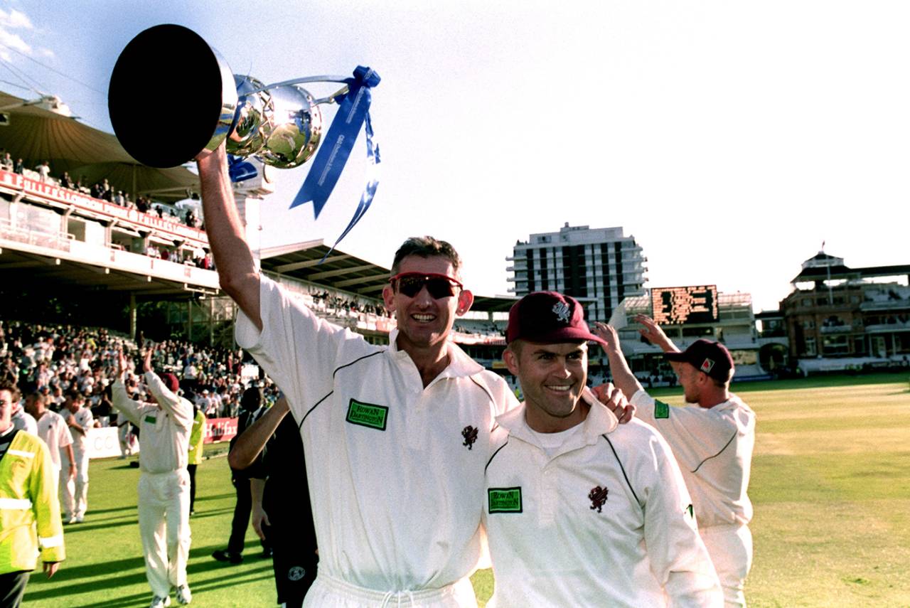 Jamie Cox, pictured with Andy Caddick after Somerset's victory in the 2001 Cheltenham & Gloucester Trophy final, will be back at Lord's as MCC Assistant Secretary&nbsp;&nbsp;&bull;&nbsp;&nbsp;PA Images
