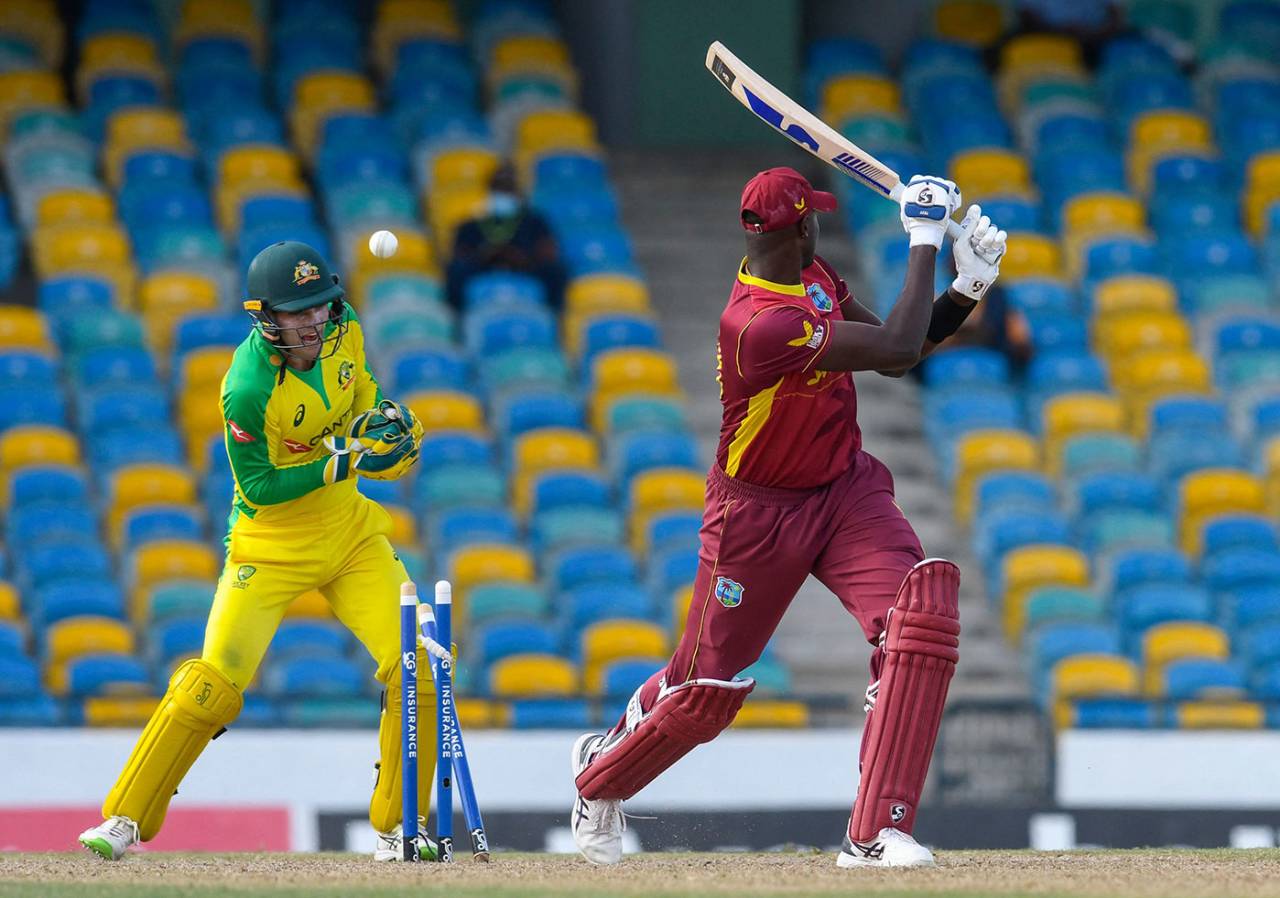 Jason Holder played across the line at Adam Zampa, West Indies vs Australia, 3rd ODI, Barbados, July 26, 2021