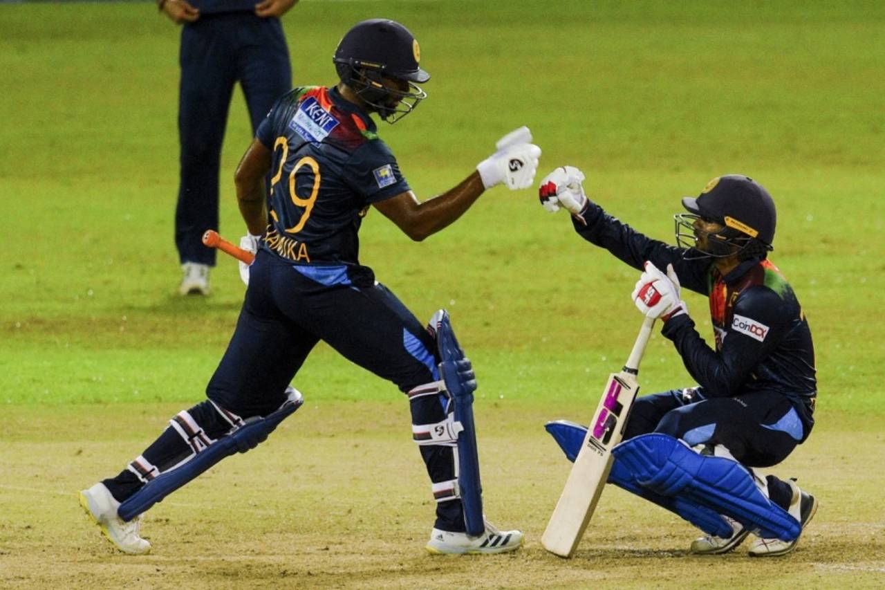 Dhananjaya de Silva and Chamika Karunaratne celebrate Sri Lanka's win, Sri Lanka vs India, 2nd T20I, Colombo, July 28, 2021