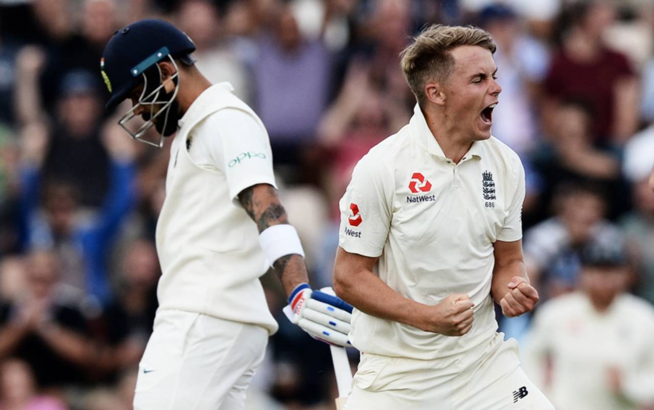 Sam Curran celebrates after claiming the precious wicket of Virat Kohli, England v India, 4th Test, Southampton, 2nd day, August 31, 2018