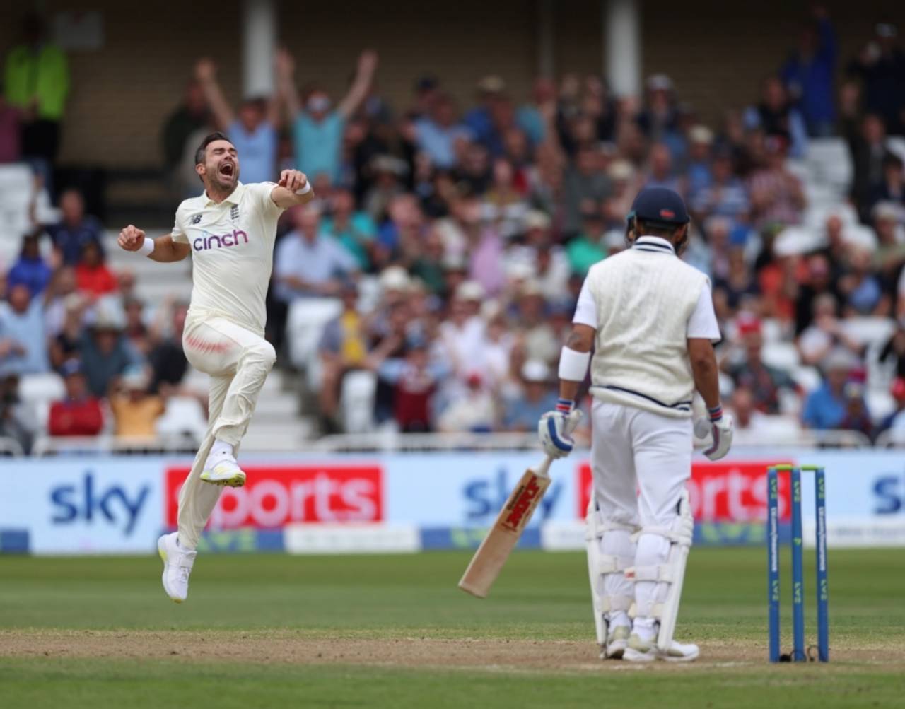 Fowl-weather friend: Jimmy Anderson takes flight after dismissing Virat Kohli for a duck&nbsp;&nbsp;&bull;&nbsp;&nbsp;Getty Images