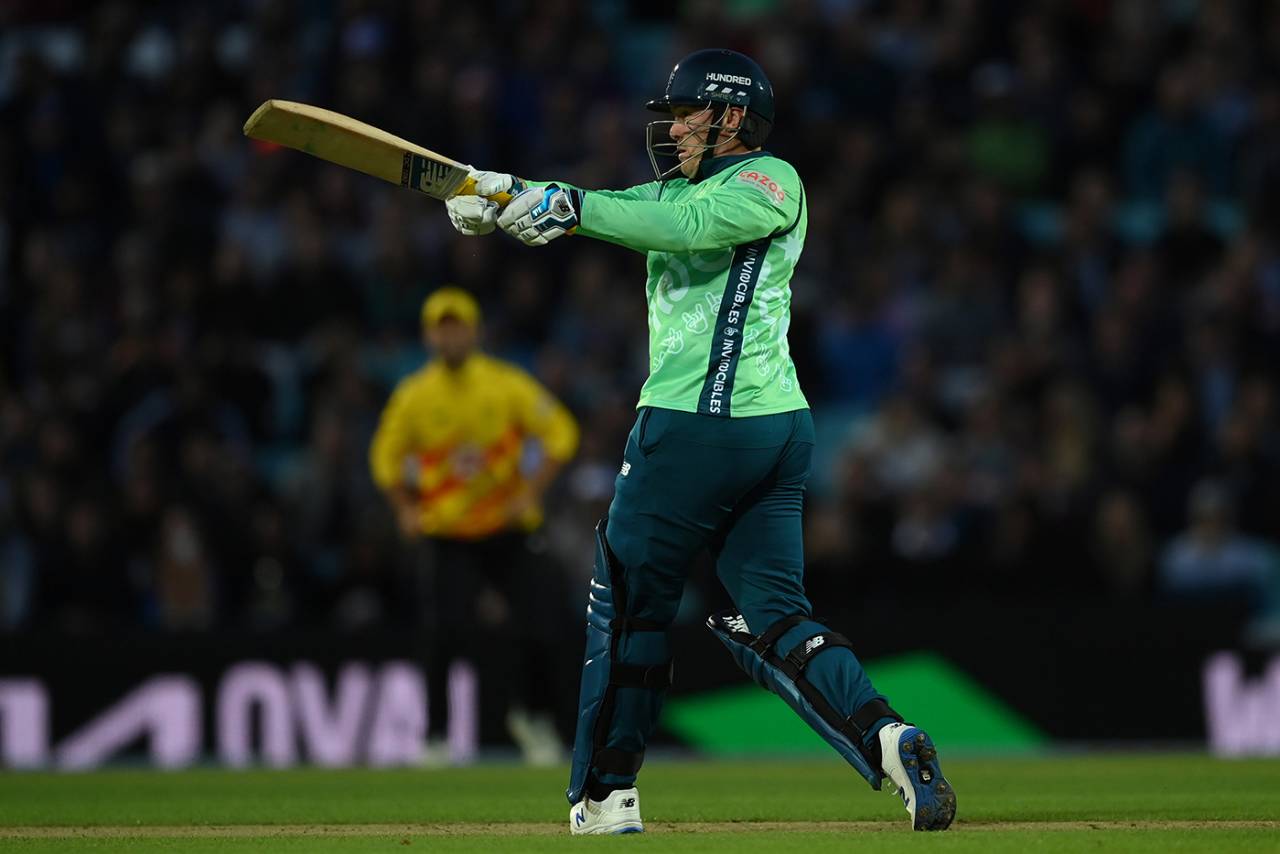 Jason Roy swings hard on the way to 56 from 29 balls, Oval Invincibles vs Trent Rockets, Men's Hundred, The Oval, August 8, 2021