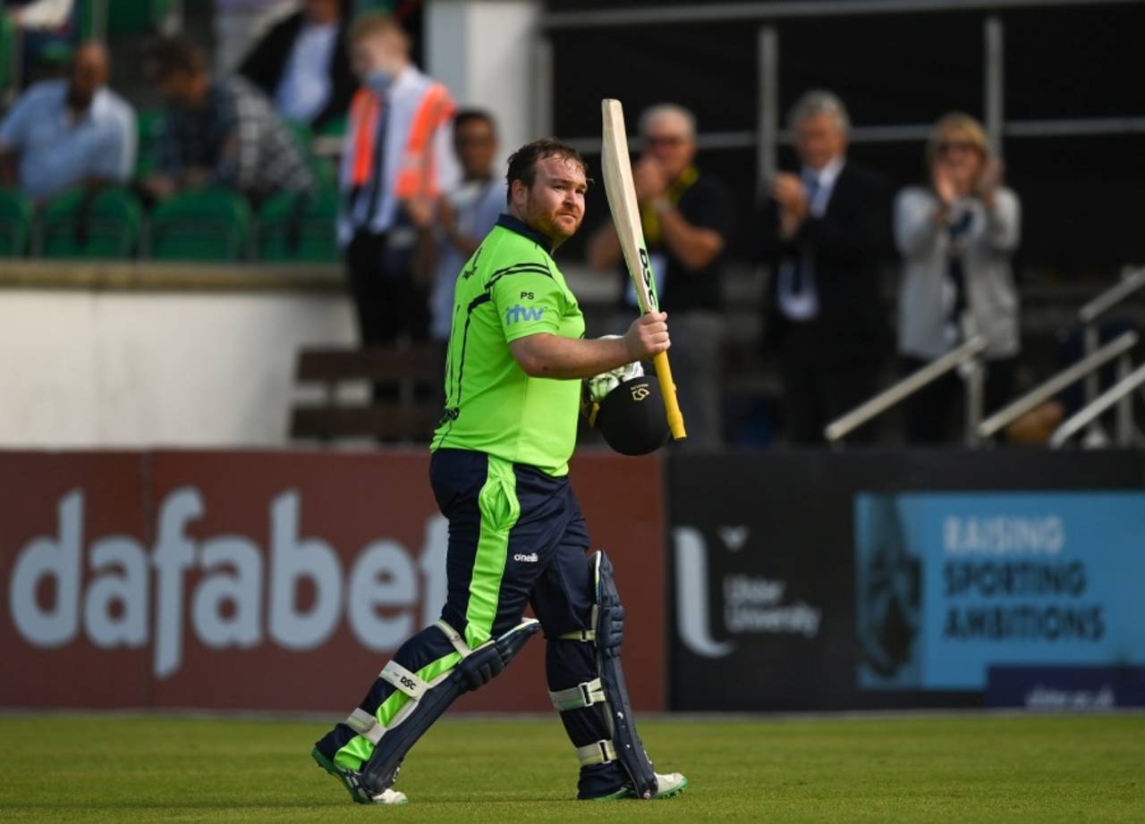 Paul Stirling acknowledges the applause while walking back after an unbeaten 115, Ireland vs Zimbabwe, 3rd T20I, Bready, September 1, 2021