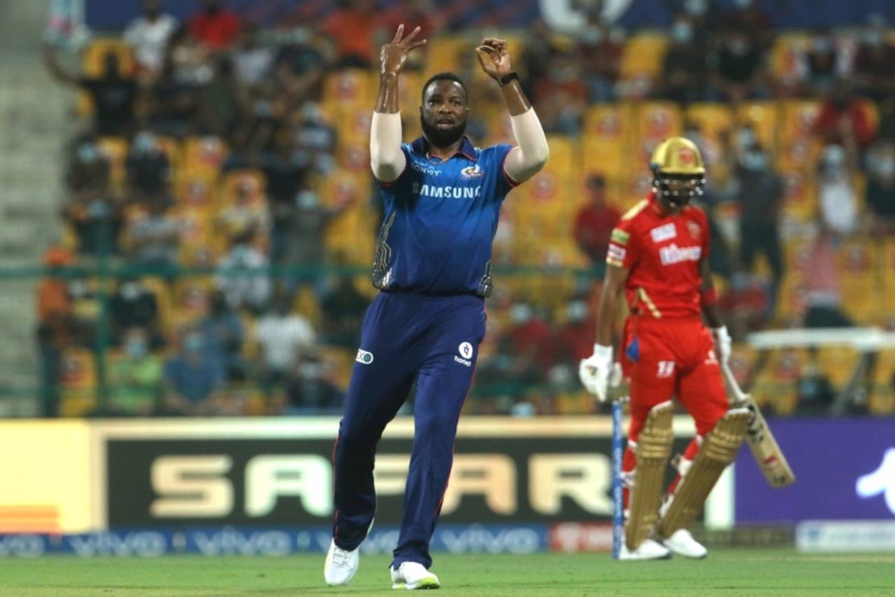 Kieron Pollard rocked Punjab Kings with two quick wickets - the second of which, KL Rahul's, was his 300th in T20s, Mumbai Indians vs Punjab Kings, IPL 2021, Abu Dhabi, September 28, 2021