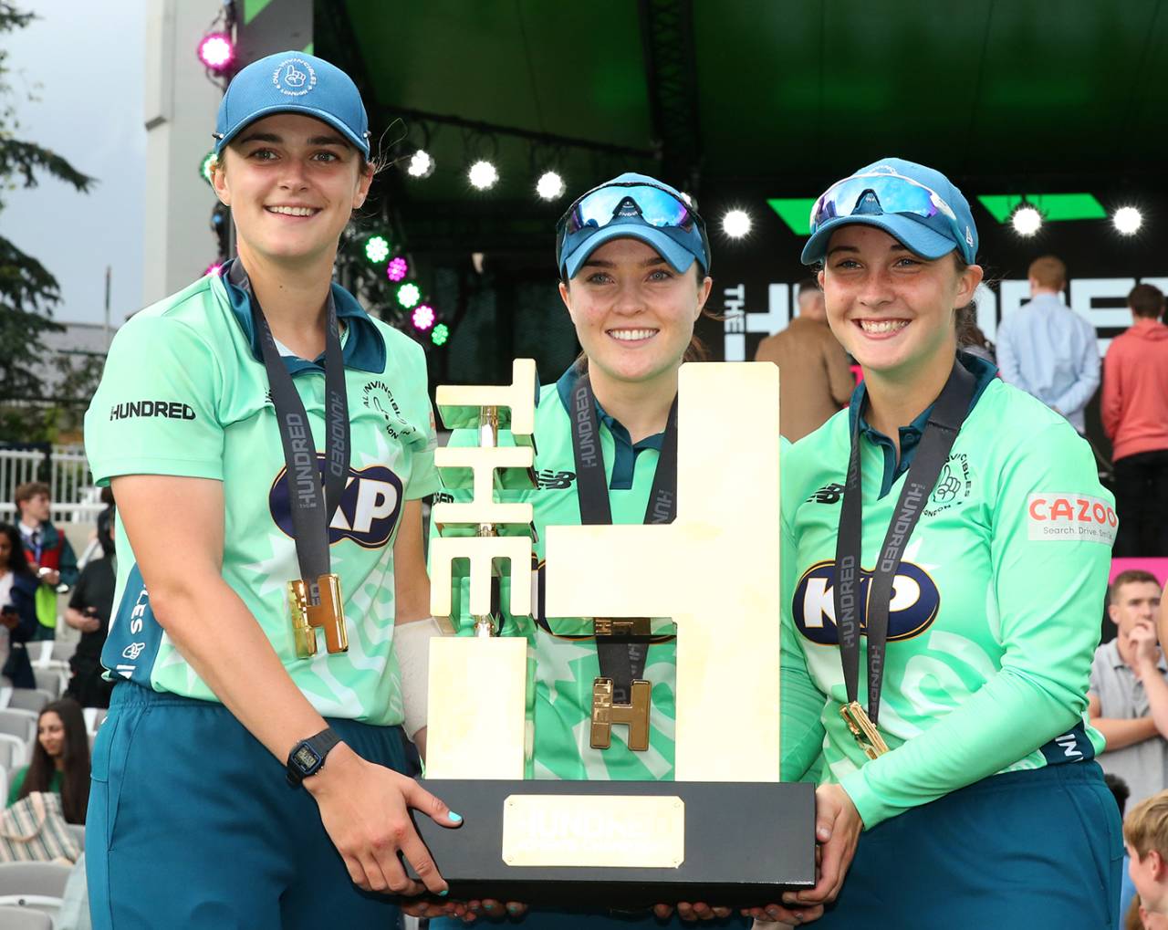 Grace Gibbs, Mady Villiers and Alice Capsey hold the Hundred trophy, Oval Invincibles vs Southern Brave, Women's Hundred, final, Lord's, August 21, 2021