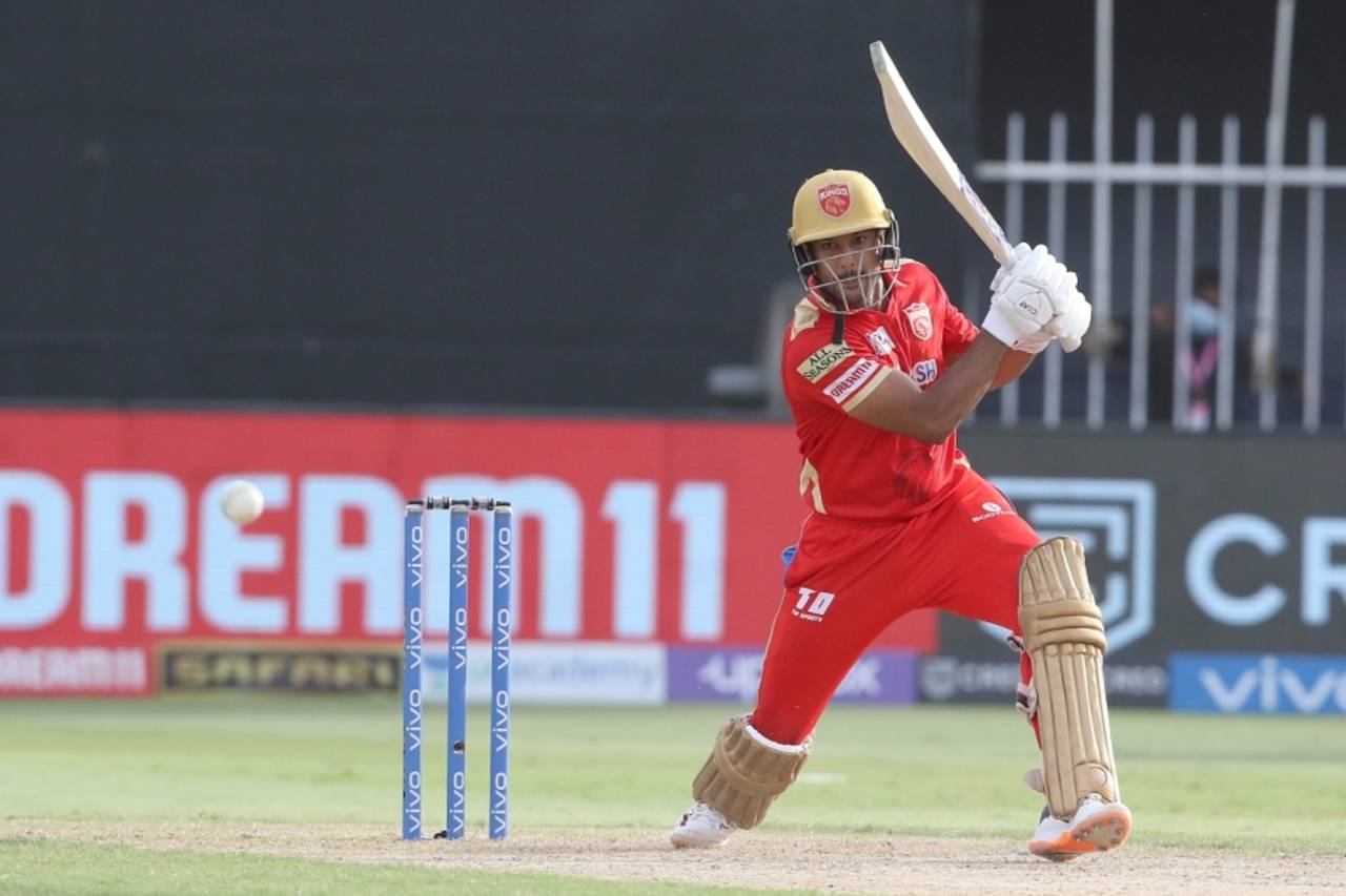 Mayank Agarwal strokes one through the off side on his way to a fifty, Royal Challengers Bangalore vs Punjab Kings, IPL 2021, Sharjah, October 3, 2021